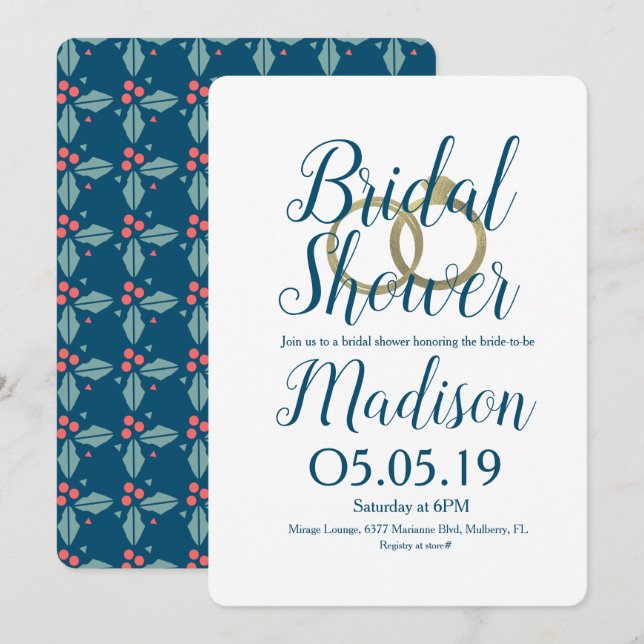 Christmas Holly Berry Foil Rings Bridal Shower Invitation (Front/Back)