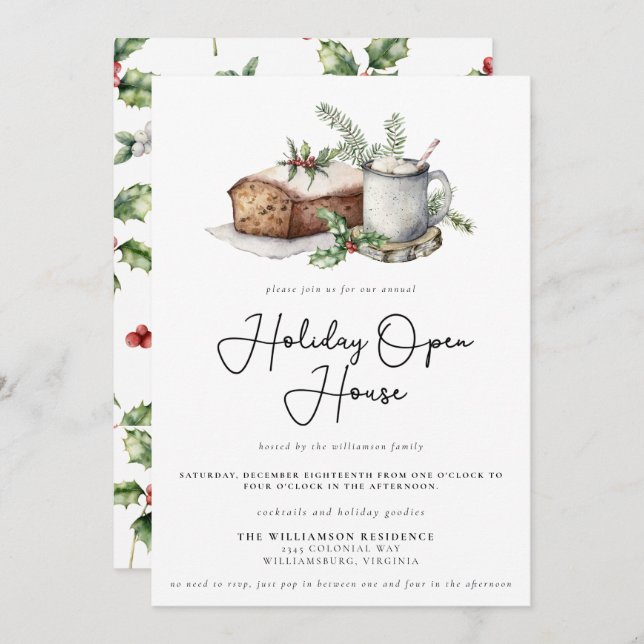 Christmas Holly Berry Holiday Open House  Invitation (Front/Back)