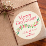 Christmas Holly Berry Homemade Food Holiday Baking Classic Round Sticker<br><div class="desc">Create stickers to label your Christmas holiday homemade goods,  cookies,  candy,  treats,  party favors and more featuring a stylish,  modern watercolor of green holly and red berries on a pale ivory stripe background and your message in chic lettering. MORE styles and MATCHING items in our collection.</div>