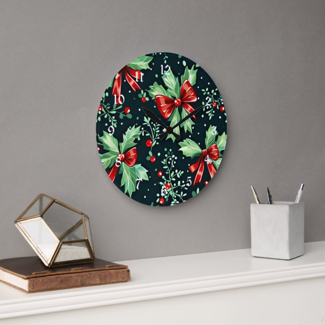 Christmas Holly Berry Pattern Large Clock (Office)