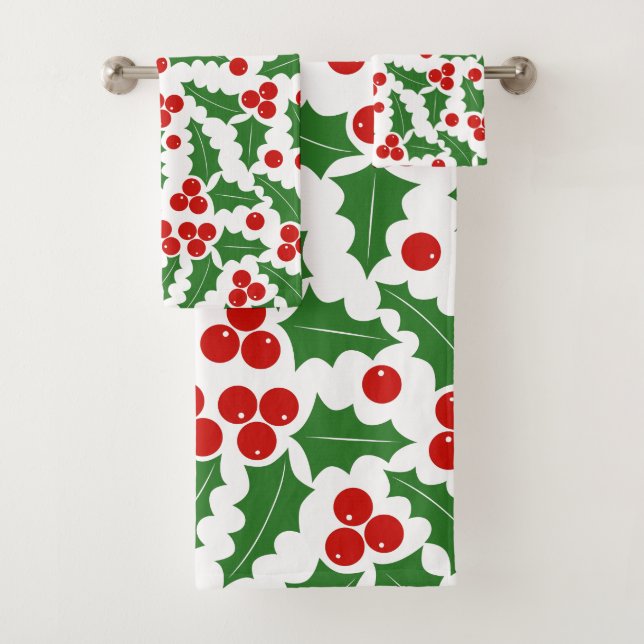 Christmas holly berry pattern red and green bath towel set (Insitu)