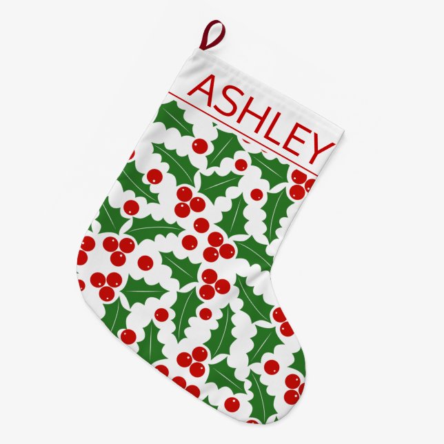 Christmas holly berry pattern red, green and name large christmas stocking (Front (Hanging))