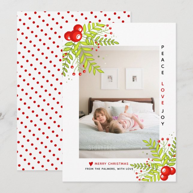 Christmas holly berry Peace Love Joy photo Holiday Card (Front/Back)