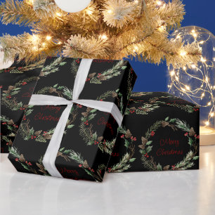 Christmas Holly Berry Pine Cones Wreath Black Wrapping Paper