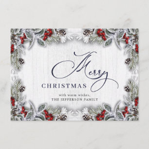 Christmas Holly Berry Pine Rustic Wood Greeting Holiday Card