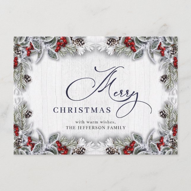 Christmas Holly Berry Pine Rustic Wood Greeting Holiday Card (Front)