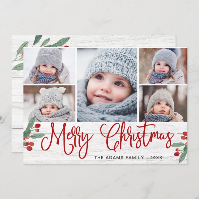 Christmas Holly Berry Rustic 5 PHOTO Greeting Holiday Card (Front/Back)
