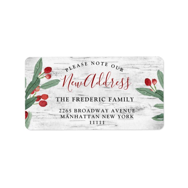 Christmas Holly Berry & Rustic Birch New Address Label (Front)