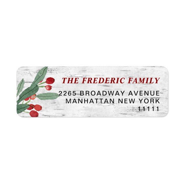 Christmas Holly Berry Rustic Birch Return Address Label (Front)