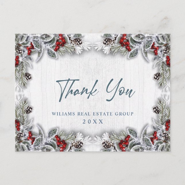 Christmas Holly Berry Rustic Corporate Thank You Postcard (Front)