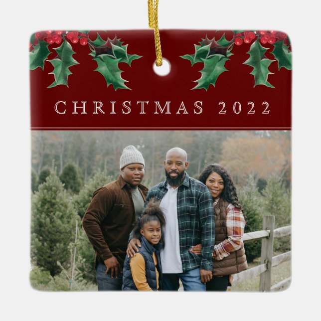 Christmas Holly Berry Simple Custom Photo Red Ceramic Ornament (Front)