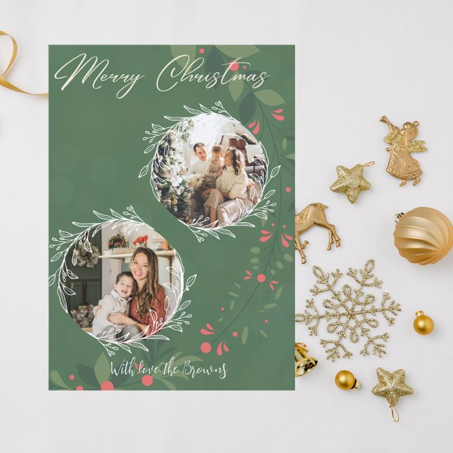 Christmas Holly Botanical Greenery 2 Photo Navy  Holiday Card (Creator Uploaded)