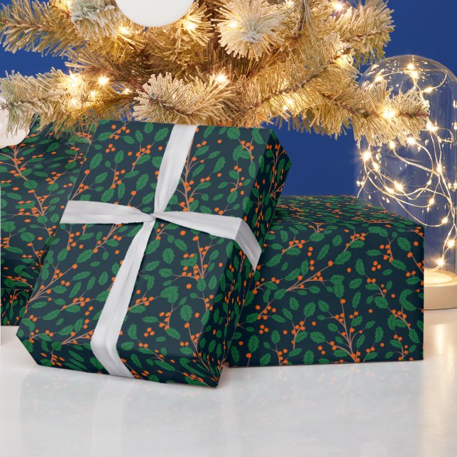 Christmas Holly Botanical Greenery Navy Wrapping Paper (Holidays)