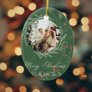 Christmas Holly Botanical Greenery Photo Navy  Ceramic Ornament