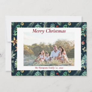 Christmas Holly Botanical Greenery Photo Navy   Holiday Card