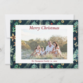 Christmas Holly Botanical Greenery Photo Navy   Holiday Card