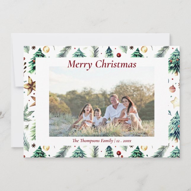 Christmas Holly Botanical Greenery Photo White Holiday Card (Front)