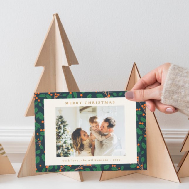 Christmas Holly Botanical Greenery Two Photo Navy Holiday Card (Creator Uploaded)