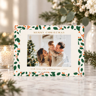 Christmas Holly Botanical Greenery Two Photo Retro Holiday Card