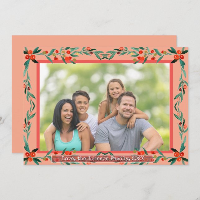 Christmas Holly Botanical Watercolor Foliage Photo Holiday Card (Front/Back)