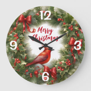 Christmas Holly, Bows and Cardinal  Large Clock