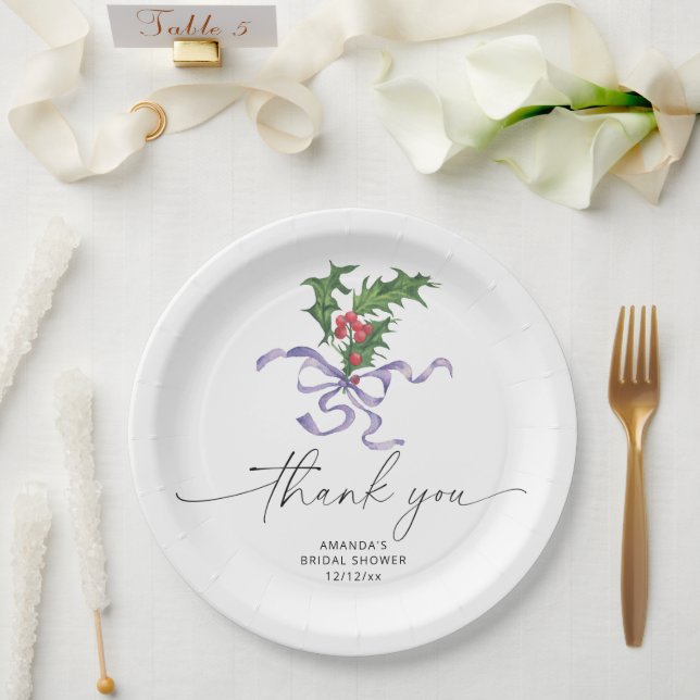 Christmas holly branch bridal shower  paper plate (Wedding)