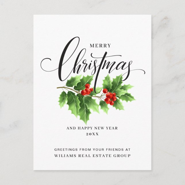 Christmas Holly Branch Holiday Corporate Greeting Postcard (Front)