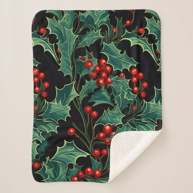 Christmas Holly Branches and Berries Sherpa Blanket (Front)