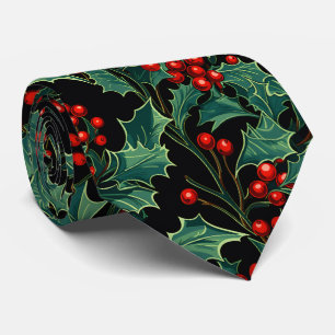 Christmas Holly Branches and Berries Tie