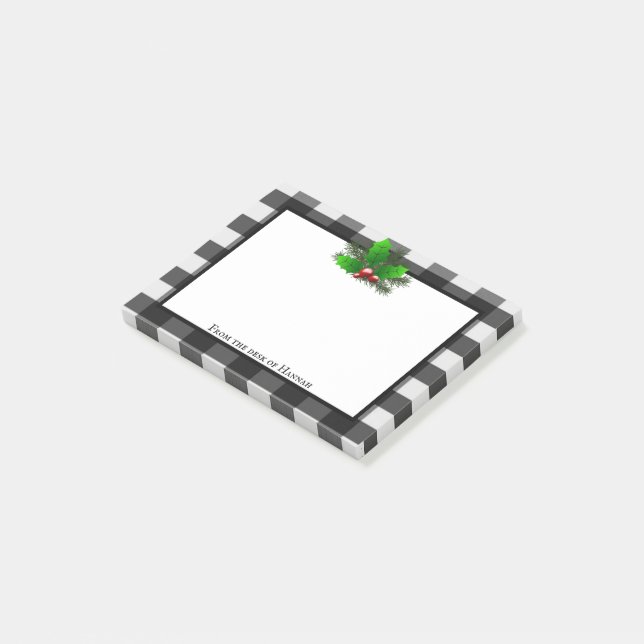 Christmas Holly Buffalo Plaid Personalised Post-it Notes (Angled)