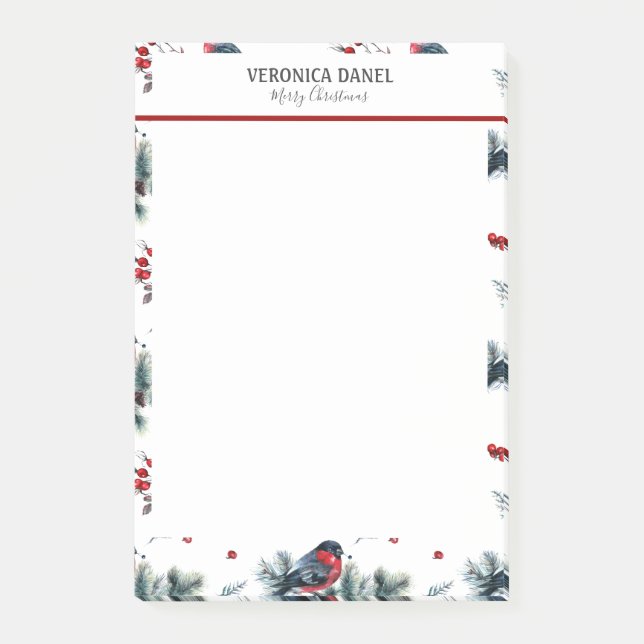 Christmas holly & bullfinch pattern post-it notes (Front)