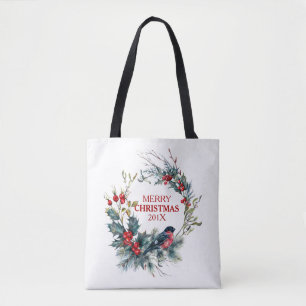 Christmas holly & bullfinch wreath tote bag