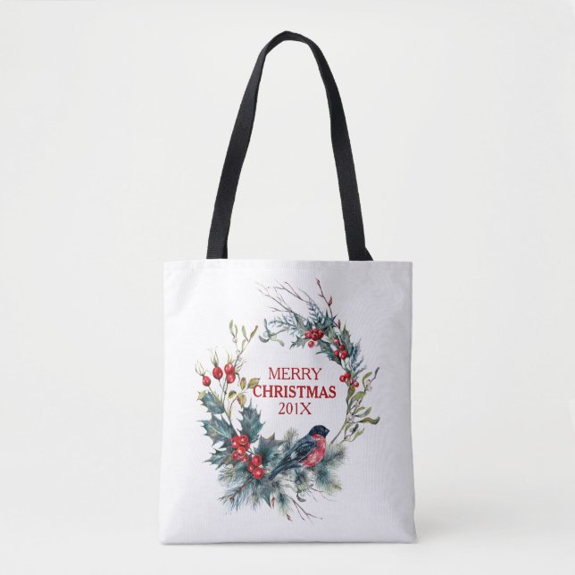 Christmas holly & bullfinch wreath tote bag (Front)