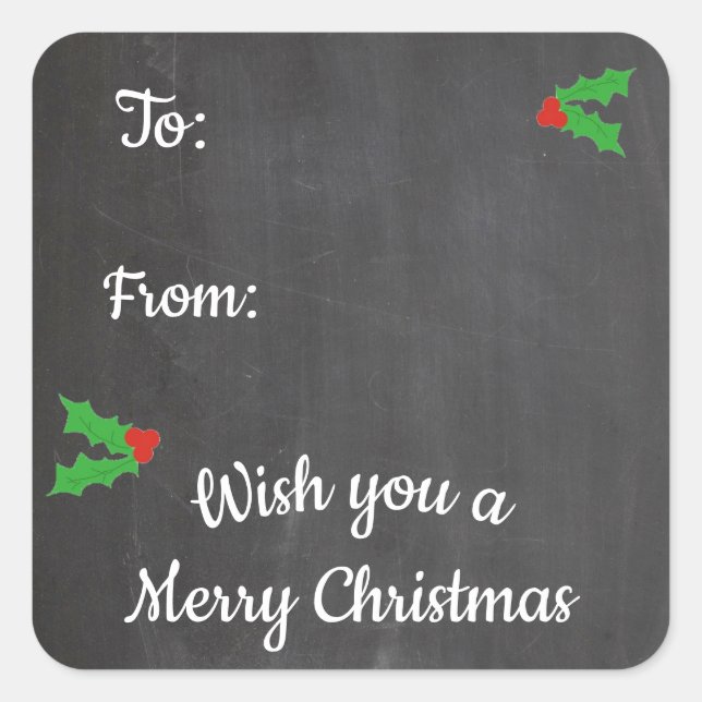 Christmas Holly Chalkboard Letters Square Sticker (Front)