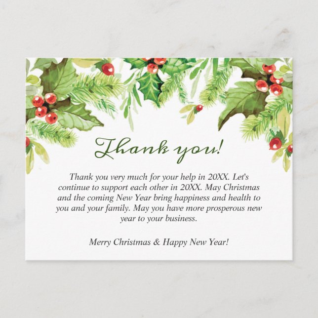 Christmas Holly Corporate Holiday Thank You Card (Front)