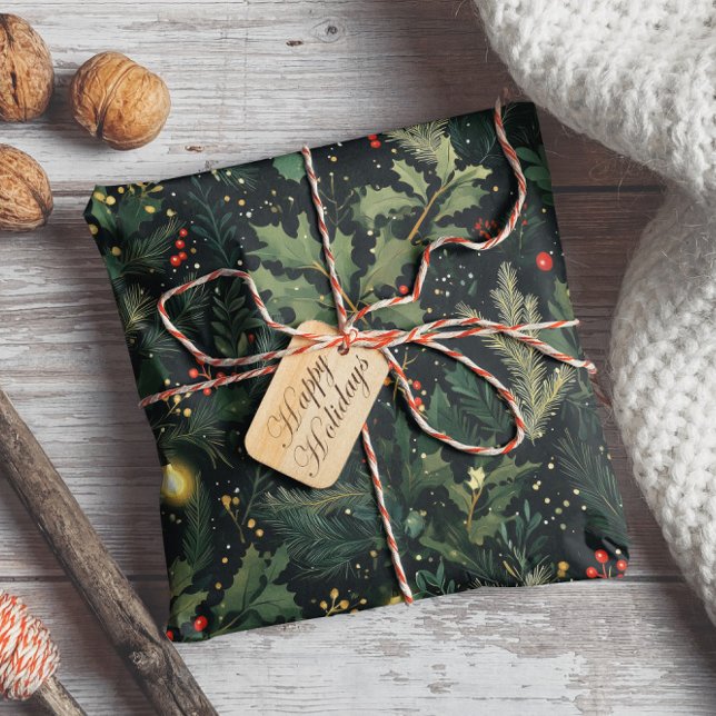 Christmas Holly Dark Winter Holiday Foliage Wrapping Paper (Creator Uploaded)