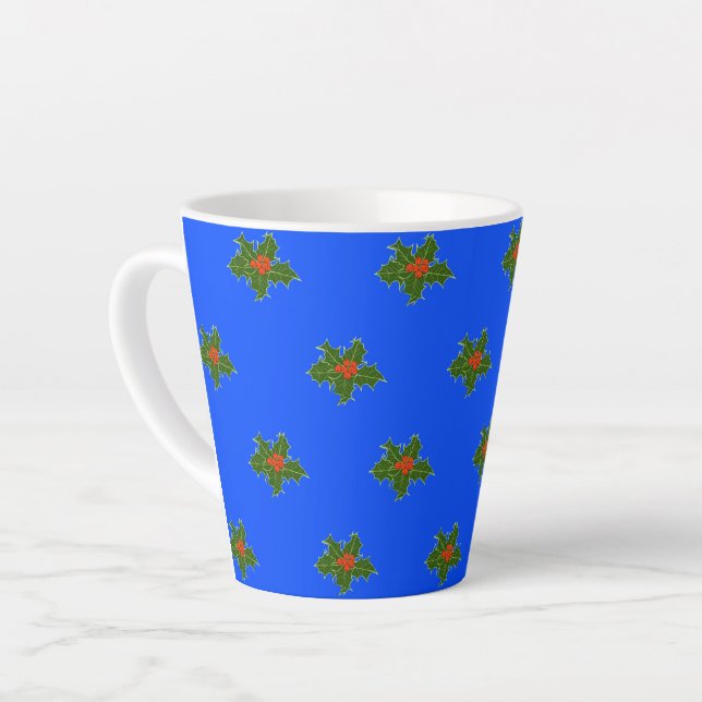 Christmas Holly decorative pattern on blue  Latte Mug (Left Angle)
