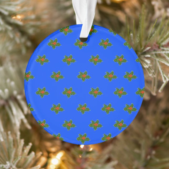 Christmas Holly decorative pattern on blue  Ornament (Tree)