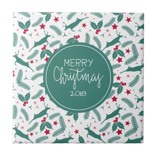 Christmas holly & deer Merry Christmas Typography Ceramic Tile (Front)