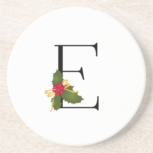 Christmas Holly Elegant Monogram Letter E Round Coaster (Front)