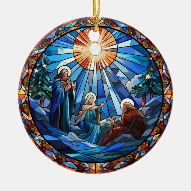 Christmas Holly Family stained glass style Ceramic Ornament (Front)