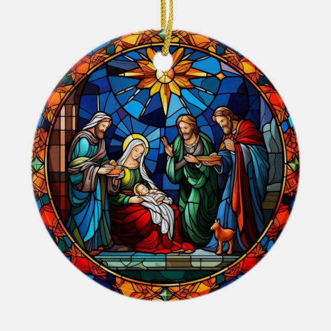 Christmas Holly Family stained glass style Ceramic Ornament (Front)