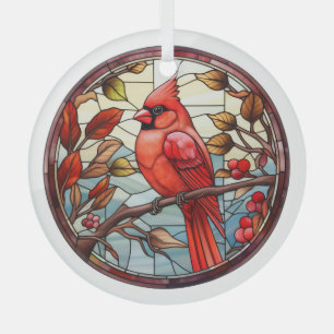 Christmas Holly Faux Stain Glass Red Cardinal Bird Tree Decoration
