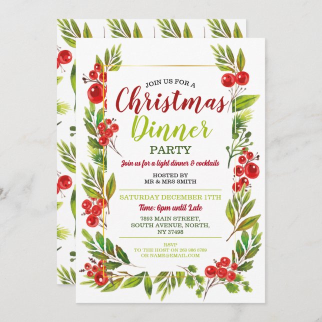 Christmas Holly Festive Party Leaves Invitation (Front/Back)
