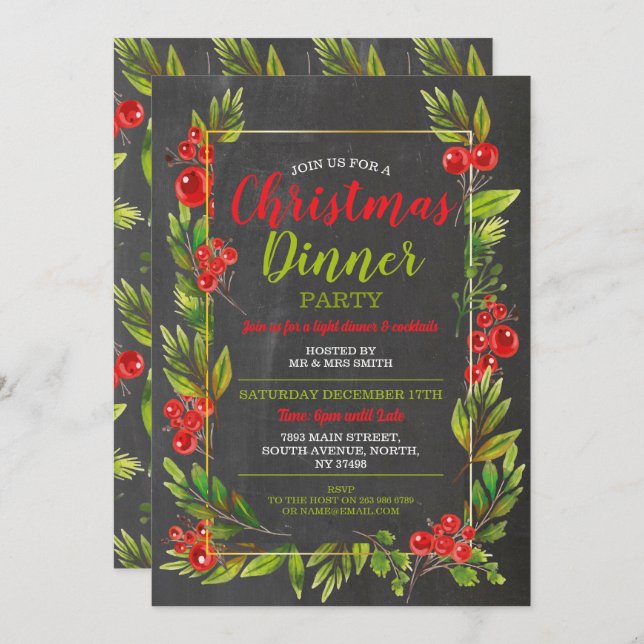 Christmas Holly Festive Party Leaves Invitation (Front/Back)