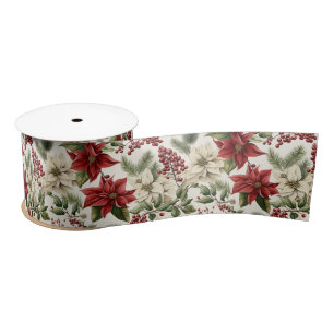Christmas Holly Flowers Satin Ribbon