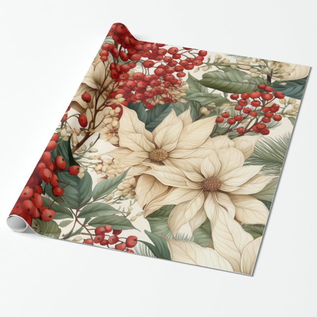 Christmas Holly Flowers Wrapping Paper (Unrolled)