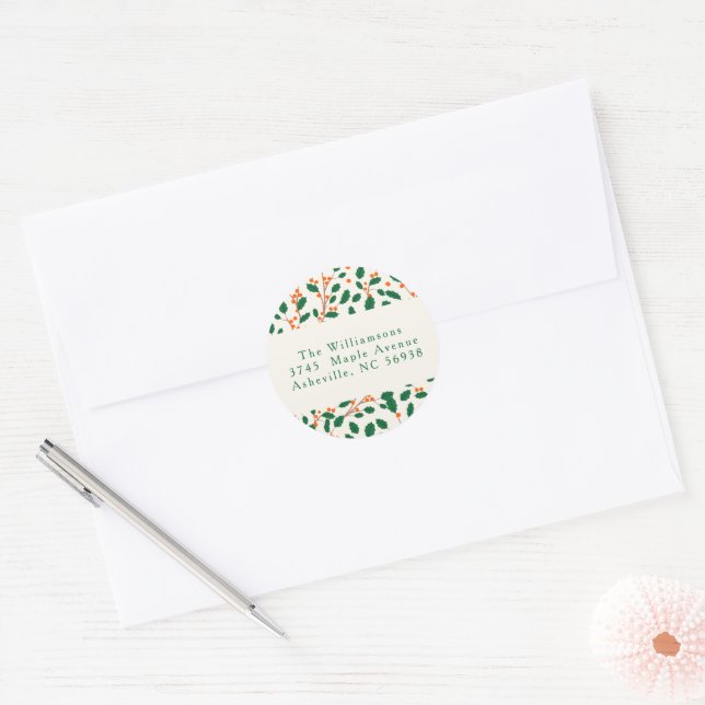 Christmas Holly Greenery Custom Return Address Classic Round Sticker (Envelope)