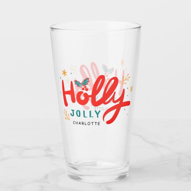 Christmas Holly Jolly Fun Winter Personalised Name Glass (Front)