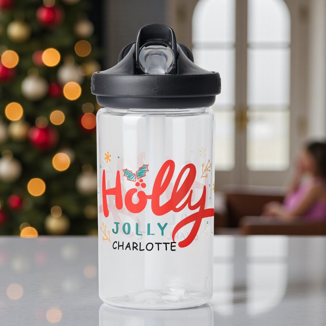 Christmas Holly Jolly Fun Winter Personalised Name Water Bottle (Creator Uploaded)